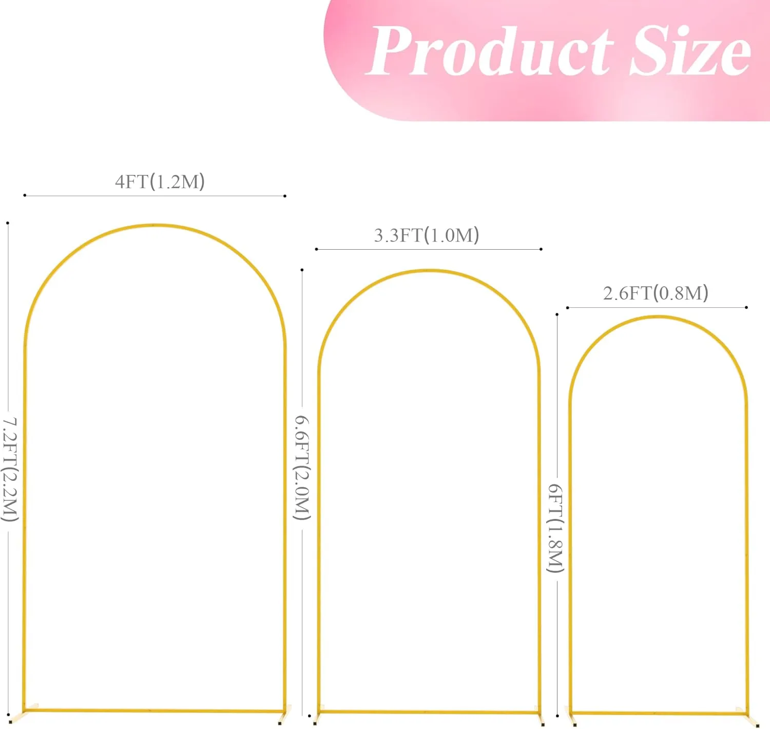 Wokceer Wedding Arch Backdrop Stand 7.2FT, 6.6FT, 6FT Set of 3 Gold Metal Arch Backdrop Stand for Wedding Ceremony Baby Shower Birthday Party Decor