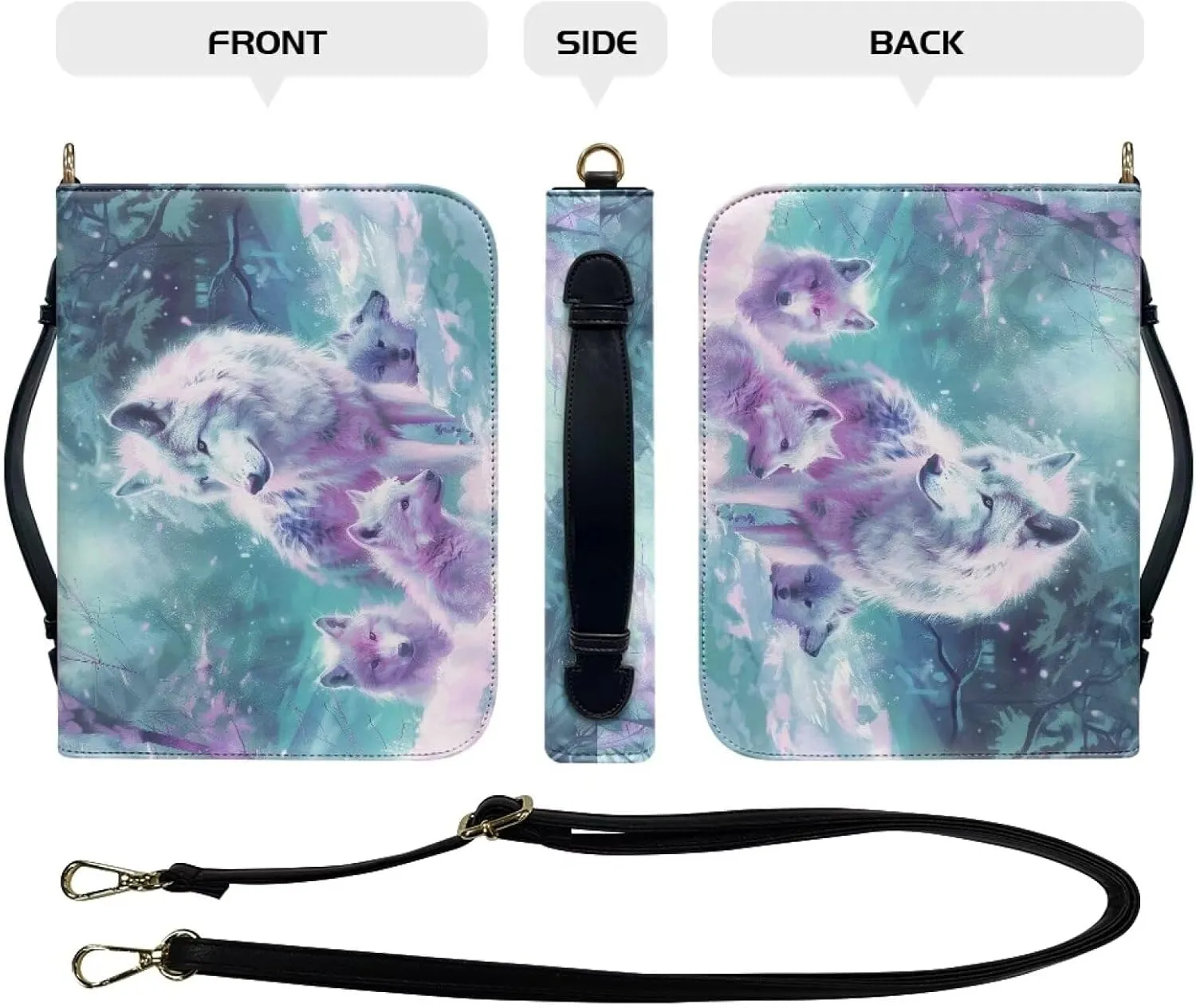 Wolf Forest Printed Bible Covers for Men & Women, Bible Holder, Lightweight Bible Cover Carrying Organizer Bag with Detachable Shoulder Strap, Leather Bible Case Church Bag,M