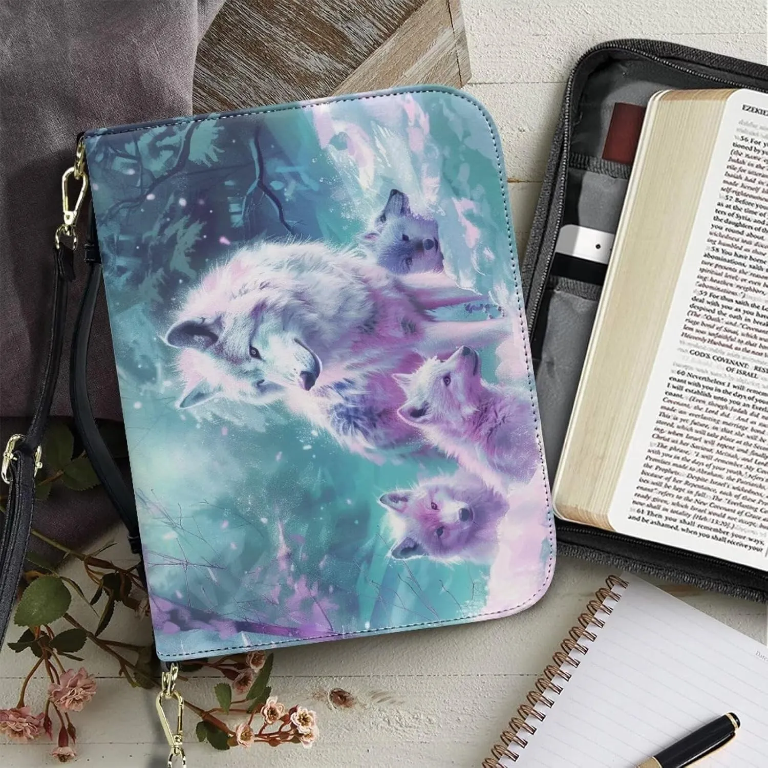 Wolf Forest Printed Bible Covers for Men & Women, Bible Holder, Lightweight Bible Cover Carrying Organizer Bag with Detachable Shoulder Strap, Leather Bible Case Church Bag,M