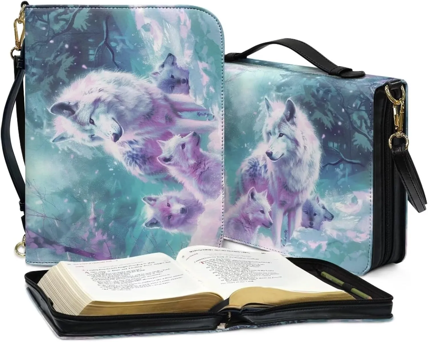 Wolf Forest Printed Bible Covers for Men & Women, Bible Holder, Lightweight Bible Cover Carrying Organizer Bag with Detachable Shoulder Strap, Leather Bible Case Church Bag,M