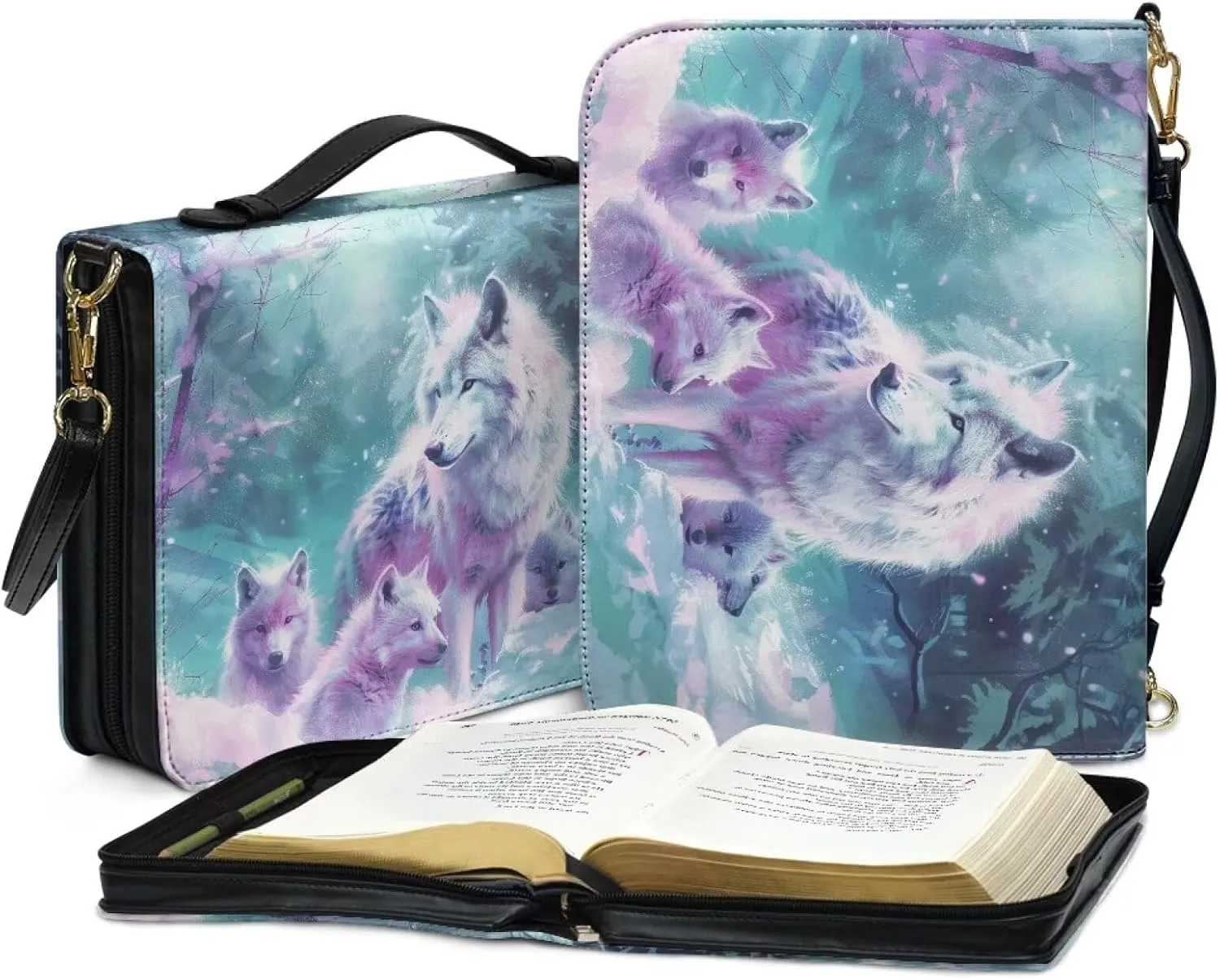 Wolf Forest Printed Bible Covers for Men & Women, Bible Holder, Lightweight Bible Cover Carrying Organizer Bag with Detachable Shoulder Strap, Leather Bible Case Church Bag,M