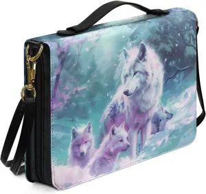 Wolf Forest Printed Bible Covers for Men & Women, Bible Holder, Lightweight Bible Cover Carrying Organizer Bag with Detachable Shoulder Strap, Leather Bible Case Church Bag,M