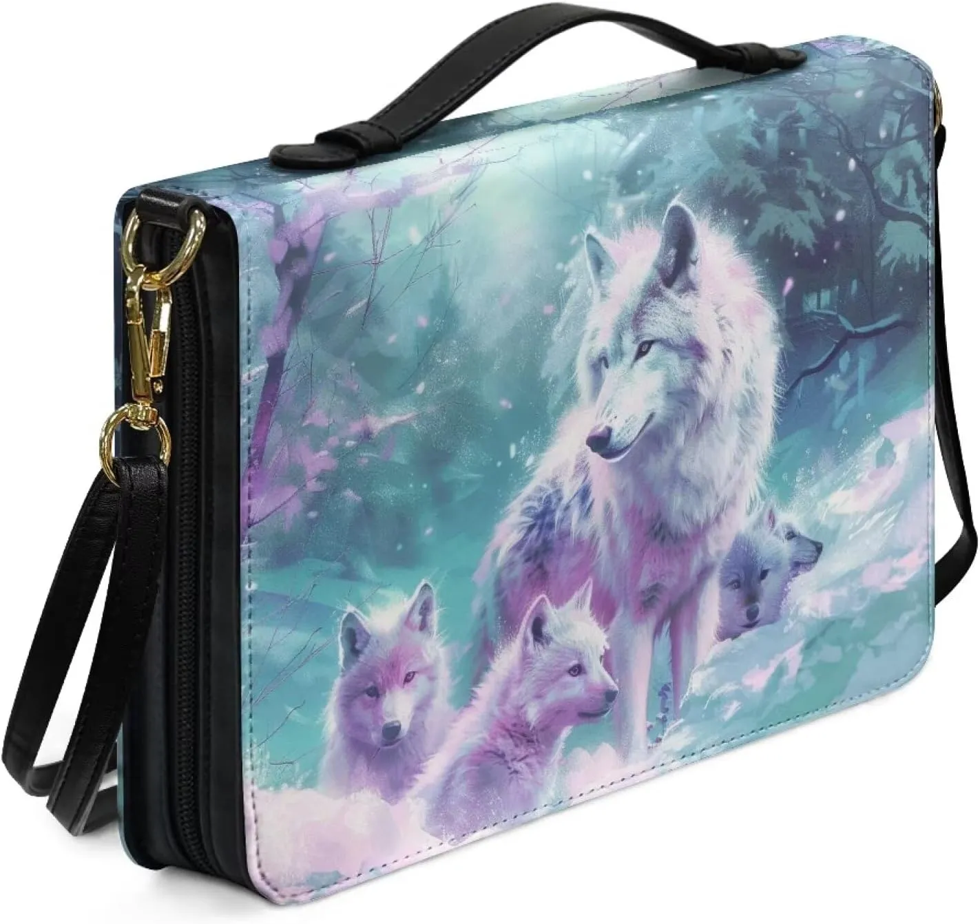 Wolf Forest Printed Bible Covers for Men & Women, Bible Holder, Lightweight Bible Cover Carrying Organizer Bag with Detachable Shoulder Strap, Leather Bible Case Church Bag,M