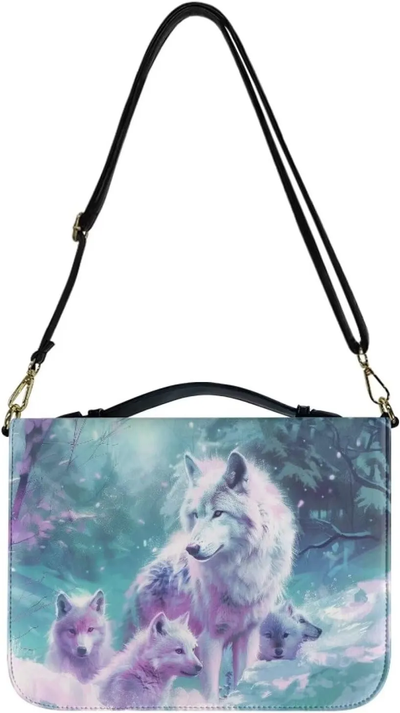 Wolf Forest Printed Bible Covers for Men & Women, Bible Holder, Lightweight Bible Cover Carrying Organizer Bag with Detachable Shoulder Strap, Leather Bible Case Church Bag,M