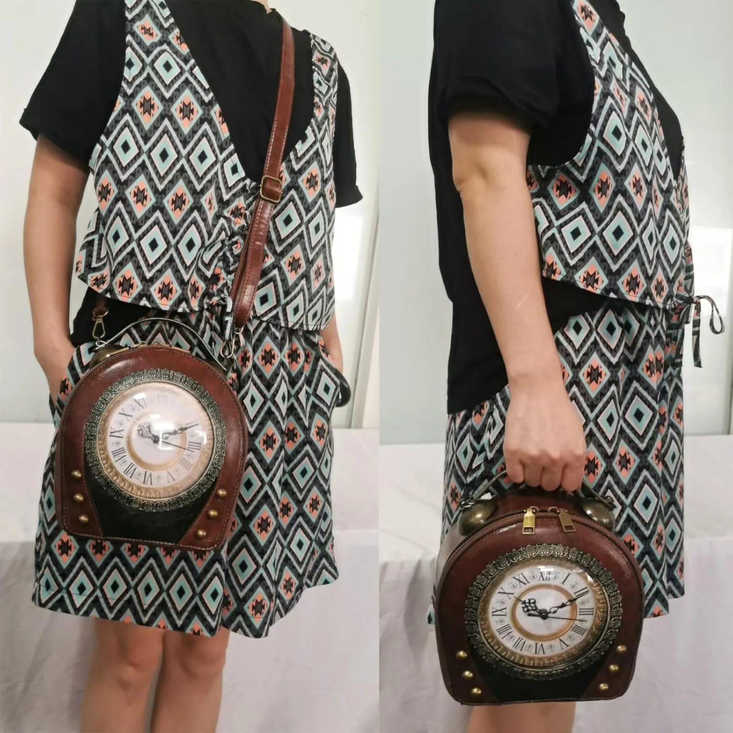Women Classic Retro Clock Shaped Crossbody Shoulder Bag Handbag PVC Unique Novelty Clock Purse