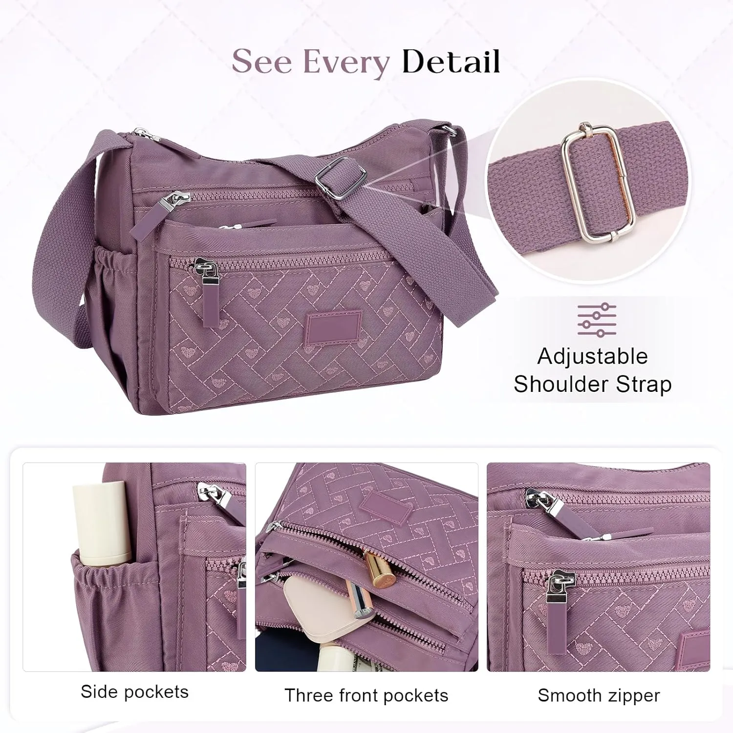 Women Crossbody Bag Multi-Pocket Nylon Waterproof Lightweight Casual Shoulder Handbag Purse Bookbag