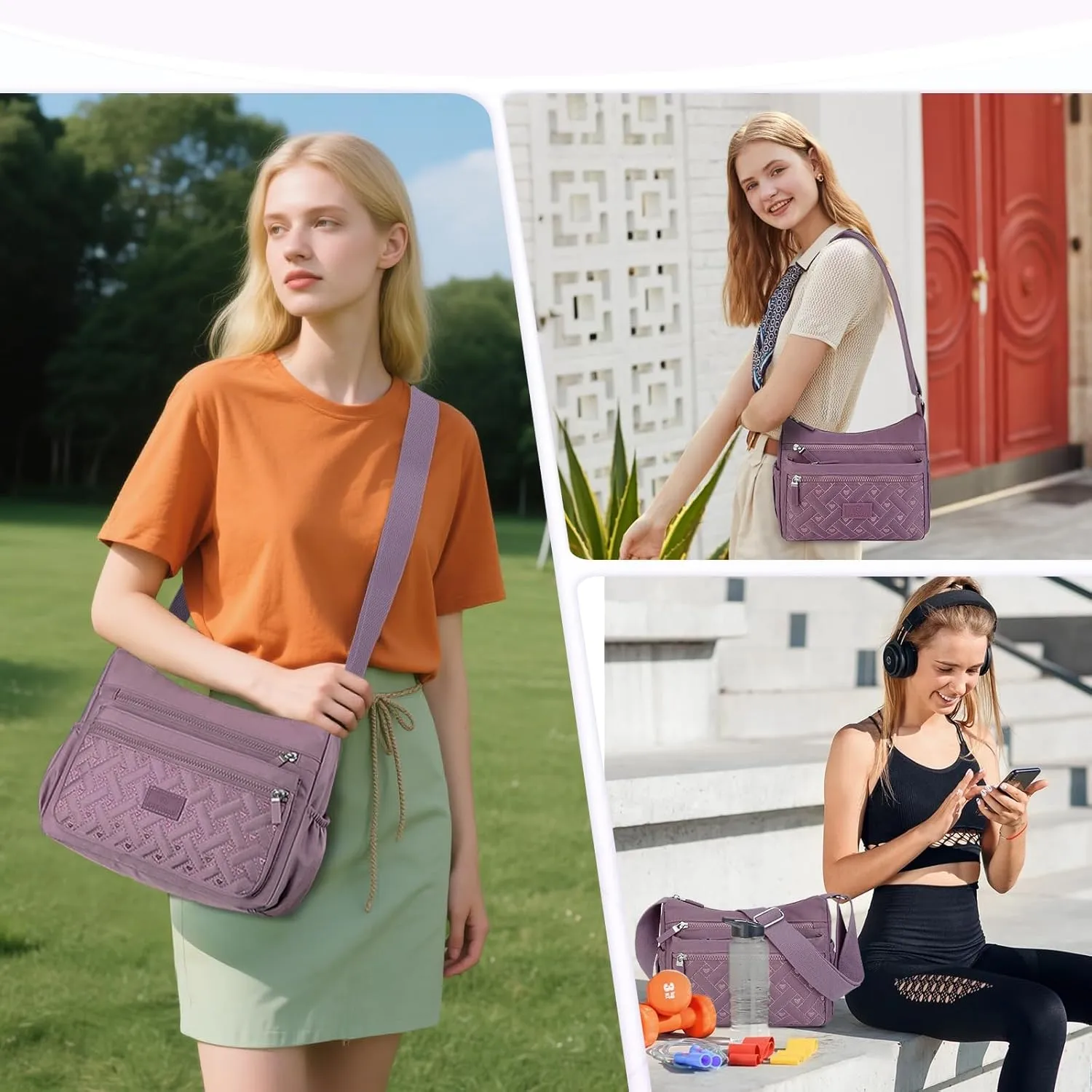 Women Crossbody Bag Multi-Pocket Nylon Waterproof Lightweight Casual Shoulder Handbag Purse Bookbag