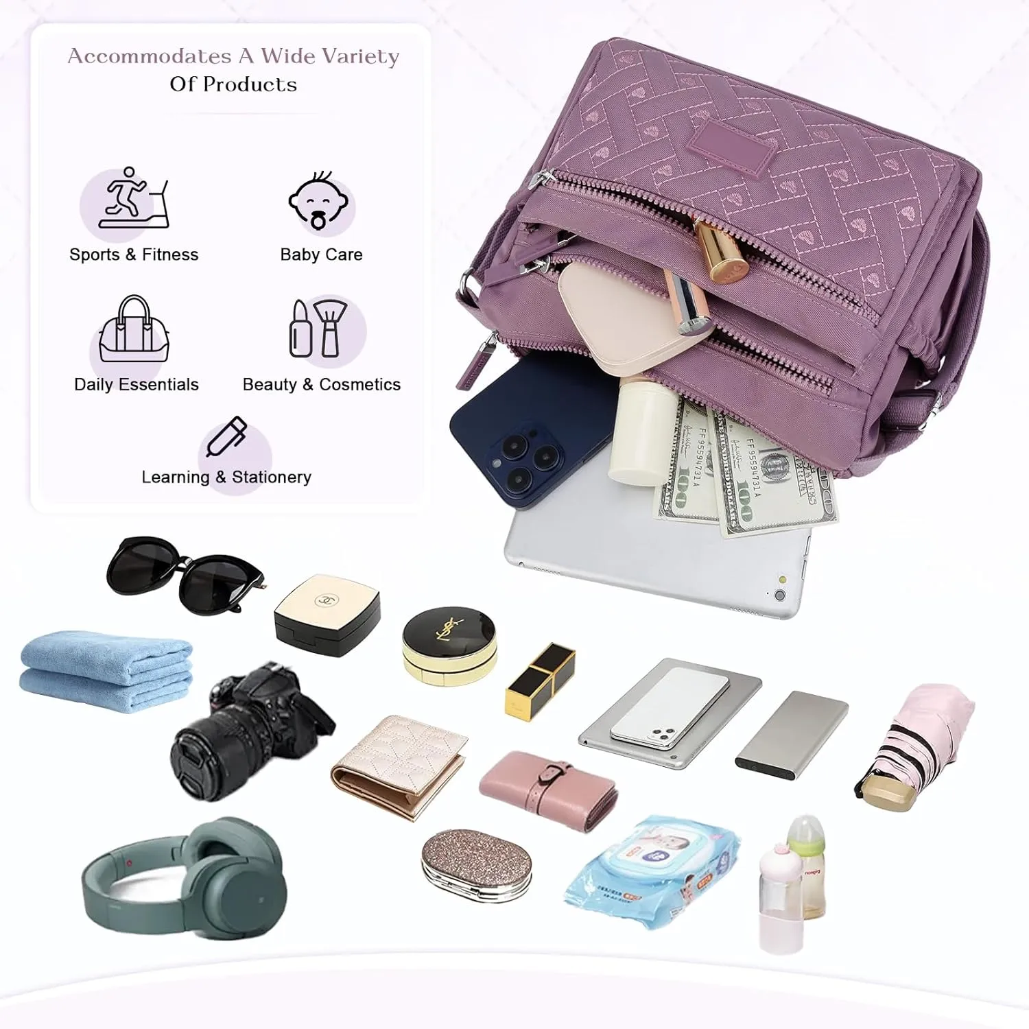 Women Crossbody Bag Multi-Pocket Nylon Waterproof Lightweight Casual Shoulder Handbag Purse Bookbag
