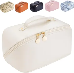 Women's Cosmetic Organizer, Travel Cosmetic Bag, Waterproof PU Leather Toiletry Bag with Handle and Transparent Compartment