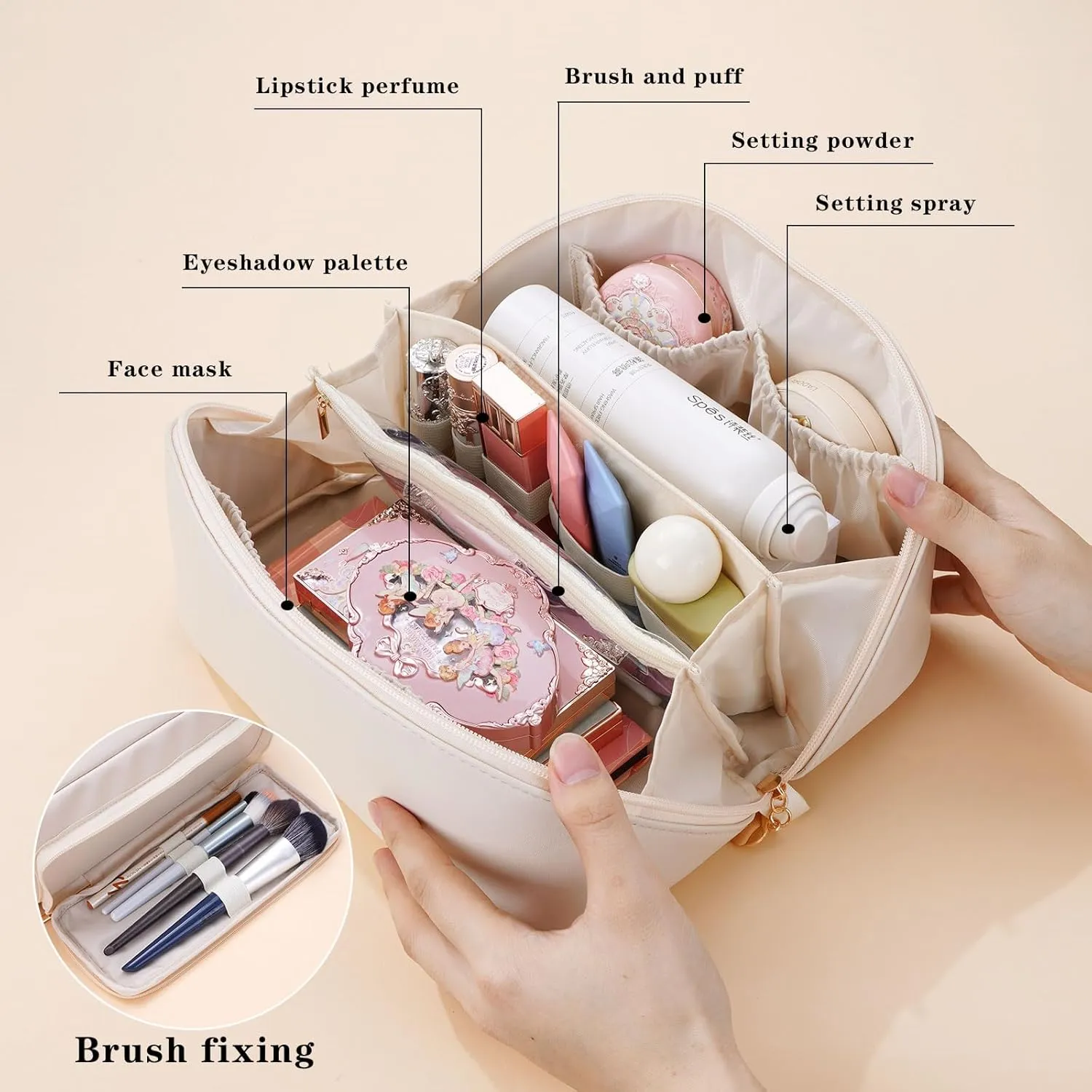 Women's Cosmetic Organizer, Travel Cosmetic Bag, Waterproof PU Leather Toiletry Bag with Handle and Transparent Compartment