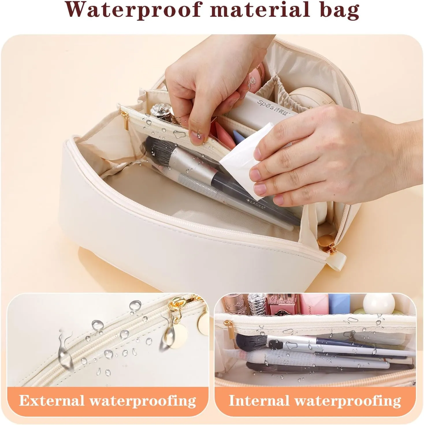 Women's Cosmetic Organizer, Travel Cosmetic Bag, Waterproof PU Leather Toiletry Bag with Handle and Transparent Compartment