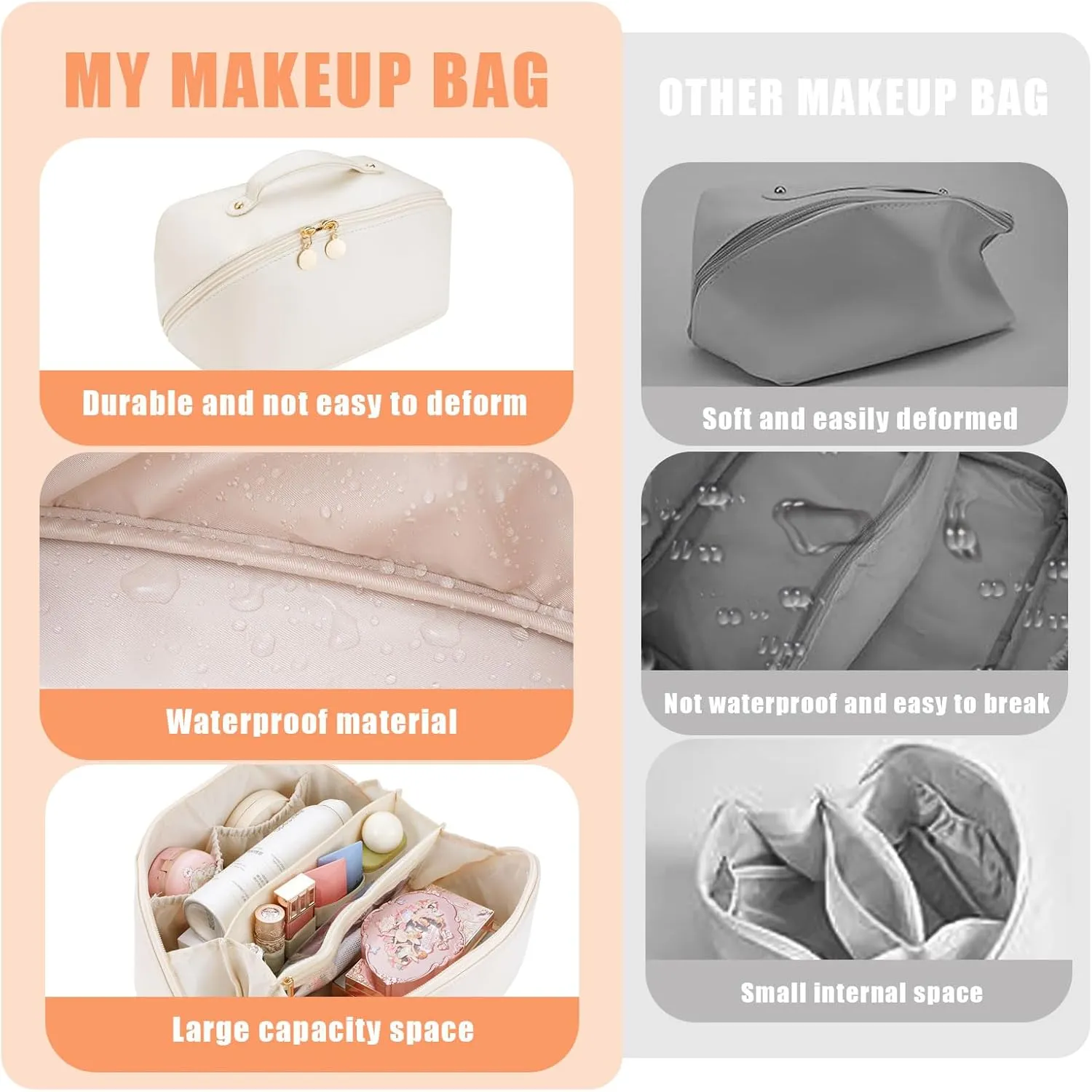 Women's Cosmetic Organizer, Travel Cosmetic Bag, Waterproof PU Leather Toiletry Bag with Handle and Transparent Compartment