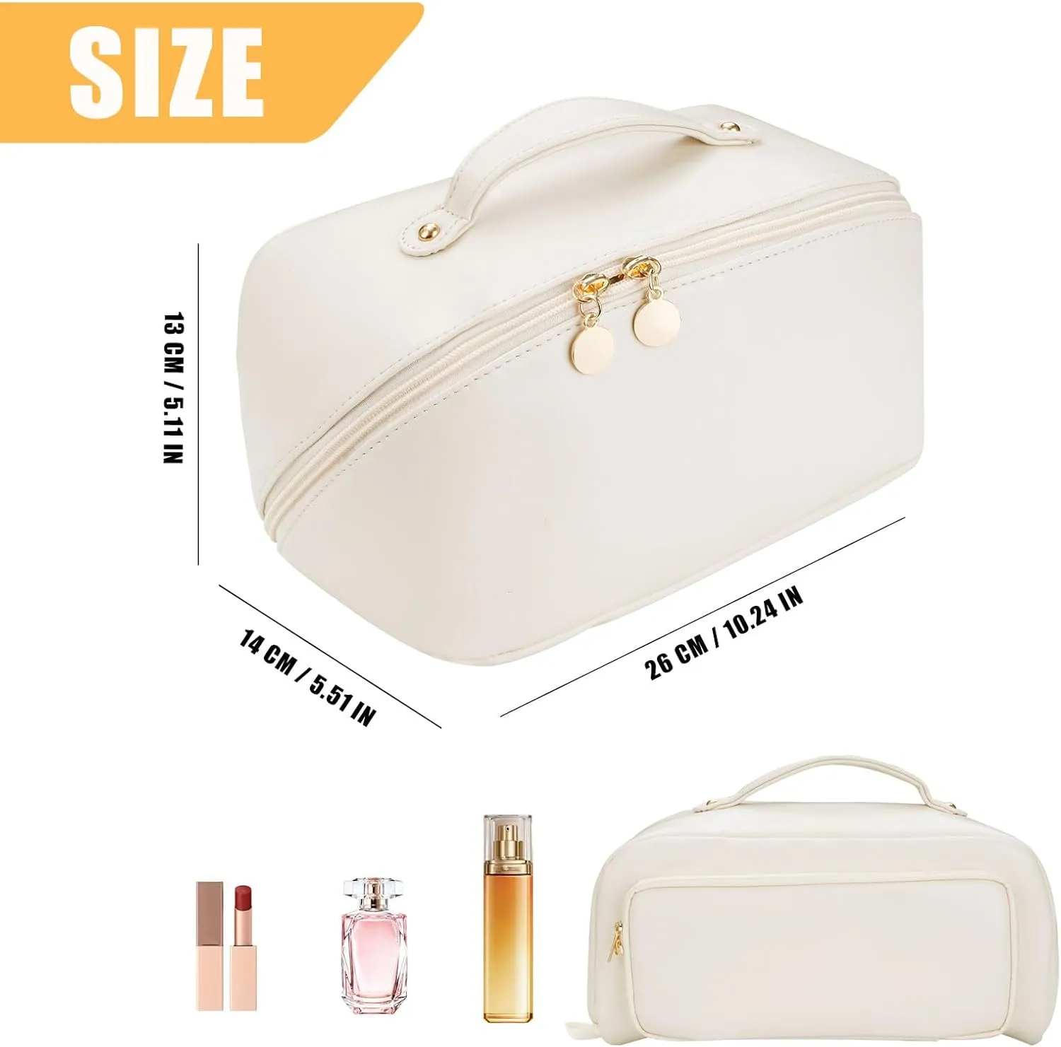 Women's Cosmetic Organizer, Travel Cosmetic Bag, Waterproof PU Leather Toiletry Bag with Handle and Transparent Compartment