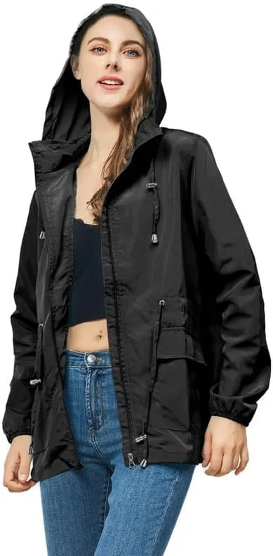 Women's Rain Jacket Waterproof with Hood Lightweight Packable Raincoat for Hiking Travel Outdoor Windbreaker with Pockets