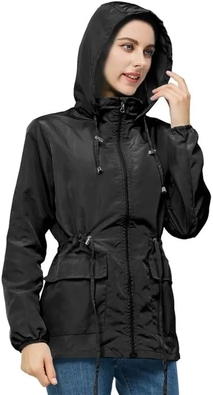 Women's Rain Jacket Waterproof with Hood Lightweight Packable Raincoat for Hiking Travel Outdoor Windbreaker with Pockets