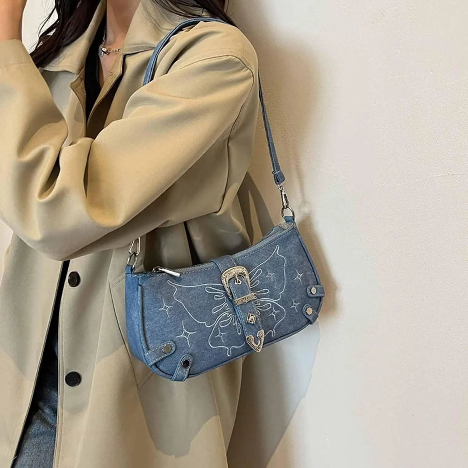 Women‘s Y2k Vintage Crescent Butterfly Bag Underarm Bag Zipper Shoulder Purse Casual Soft Lightweight Bag