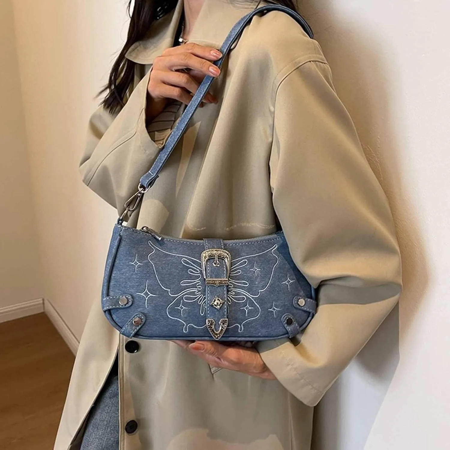 Women‘s Y2k Vintage Crescent Butterfly Bag Underarm Bag Zipper Shoulder Purse Casual Soft Lightweight Bag