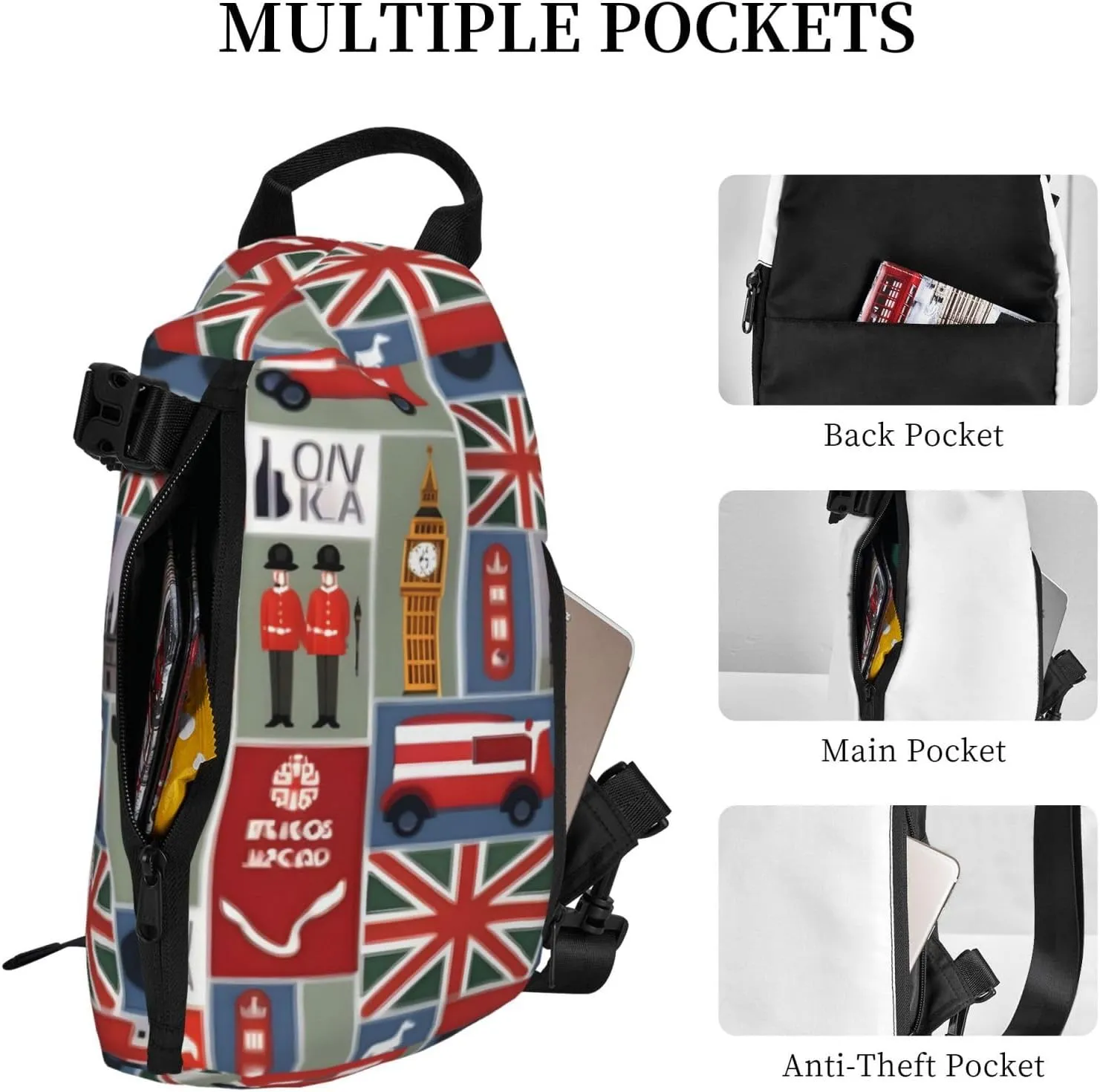 WURTON England Symbols Print Crossbody Backpack Cross Pack Lightweight Sling Bag Travel, Hiking