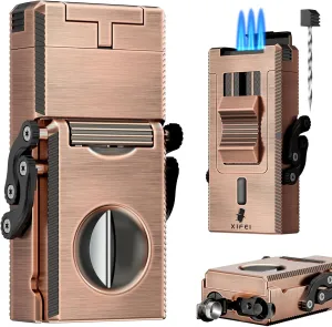 XIFEI 5-in-1 Cigar Lighter with Triple Jet Flame, Refillable Butane Torch Lighter with Foldable V Cut Cutter Cigar Punch Cigar Stand Cigar Draw Enhancer, Windproof Lighters with Gift Box (Bronze)
