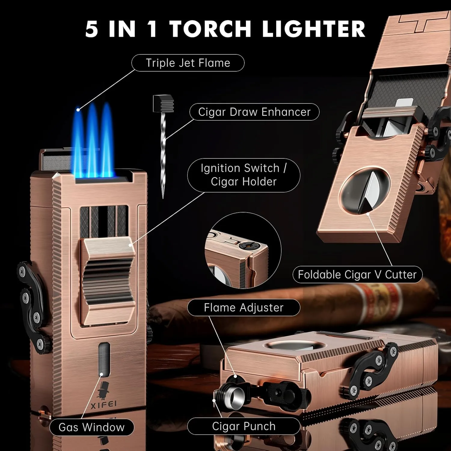 XIFEI 5-in-1 Cigar Lighter with Triple Jet Flame, Refillable Butane Torch Lighter with Foldable V Cut Cutter Cigar Punch Cigar Stand Cigar Draw Enhancer, Windproof Lighters with Gift Box (Bronze)