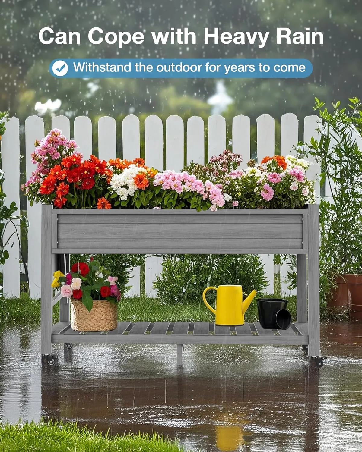 YEFU Raised Garden Bed with Legs: 57x18x30in Elevated Poly Planter with Wheels,Waterproof Mobile Raised Bed Garden, Elevated Planter Box Stand with Storage Shelf,for Deck,Patio,Porch,Yard (Grey)