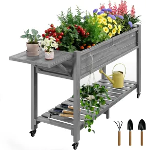 YEFU Raised Garden Bed with Legs: 57x18x30in Elevated Poly Planter with Wheels,Waterproof Mobile Raised Bed Garden, Elevated Planter Box Stand with Storage Shelf,for Deck,Patio,Porch,Yard (Grey)
