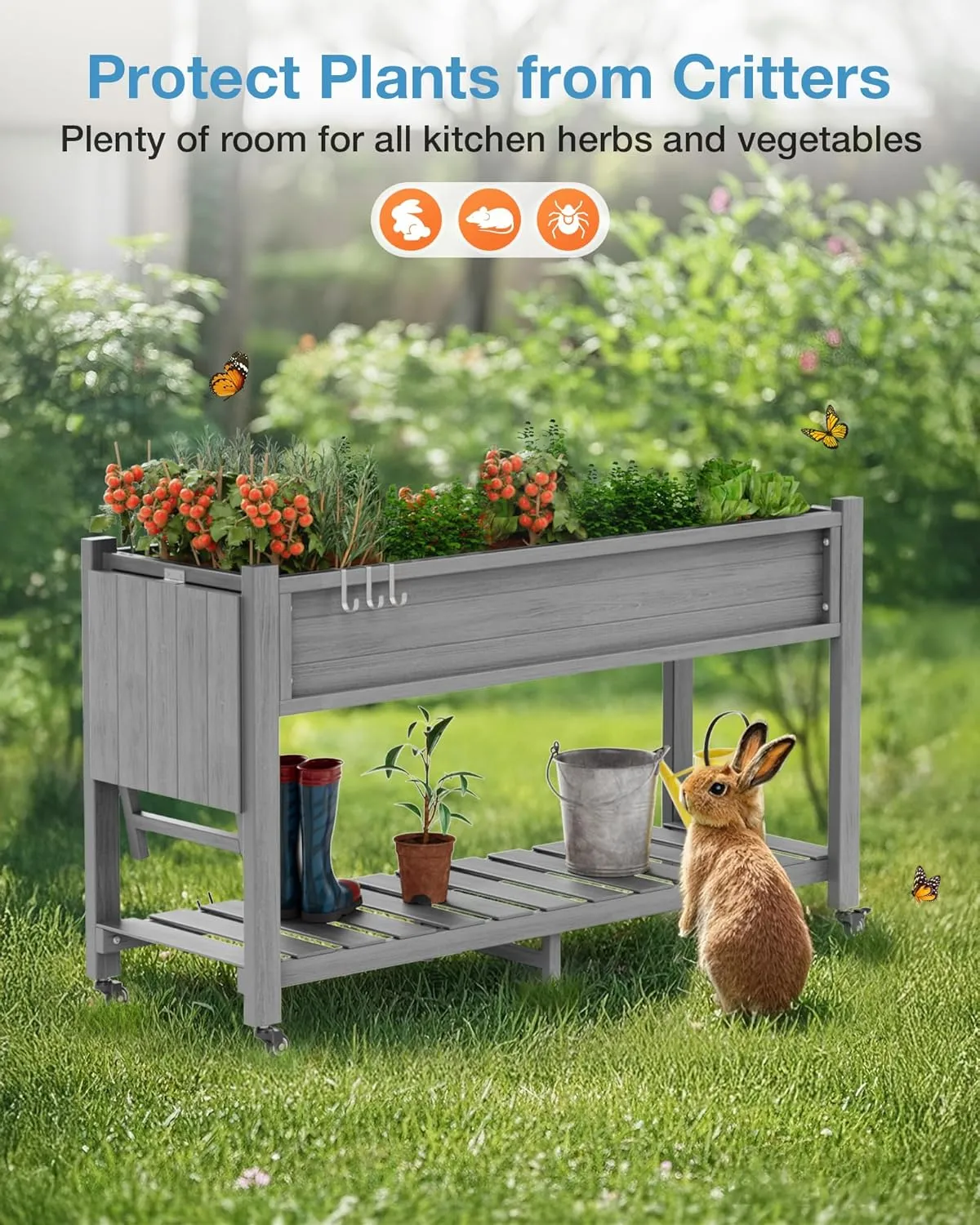YEFU Raised Garden Bed with Legs: 57x18x30in Elevated Poly Planter with Wheels,Waterproof Mobile Raised Bed Garden, Elevated Planter Box Stand with Storage Shelf,for Deck,Patio,Porch,Yard (Grey)