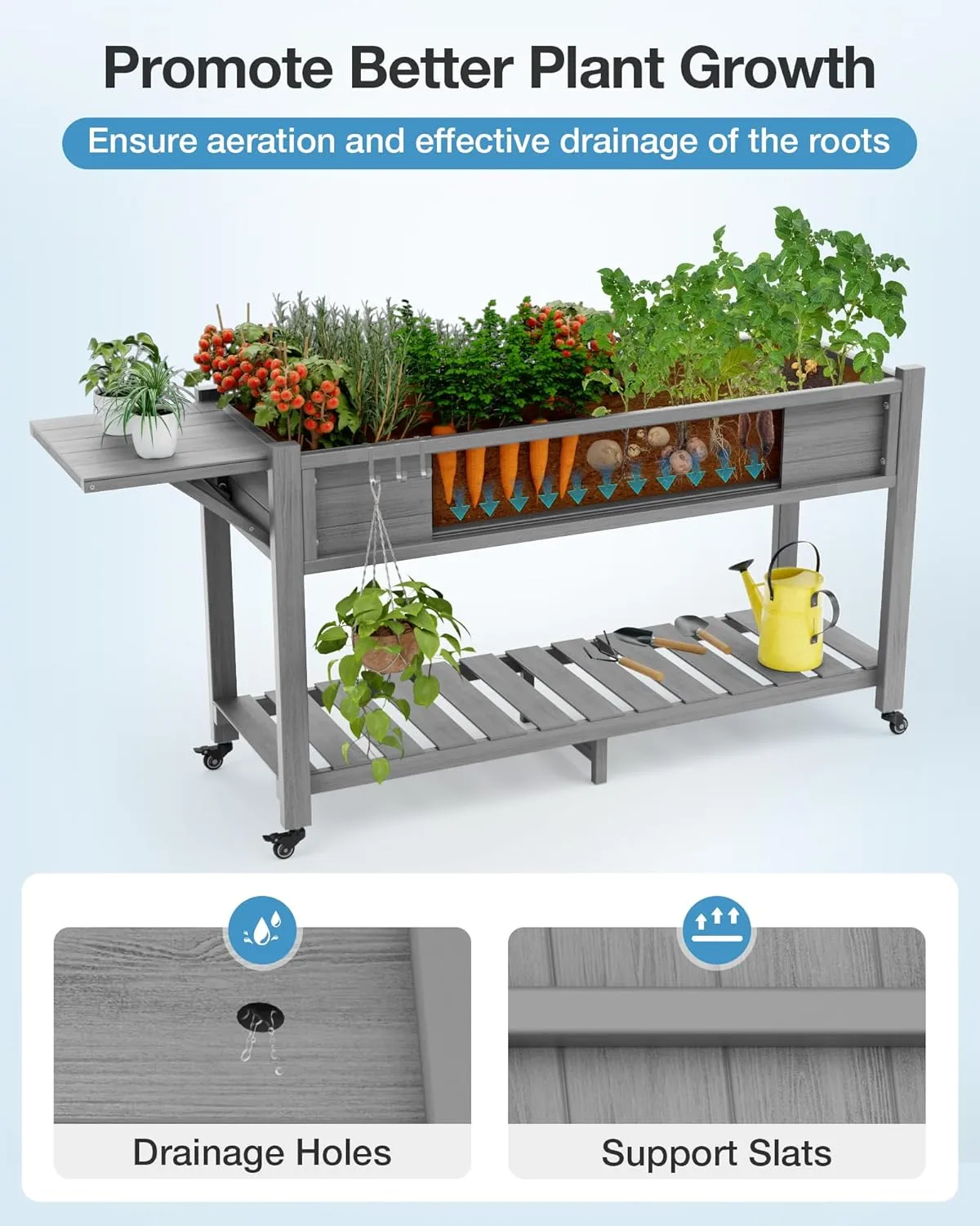 YEFU Raised Garden Bed with Legs: 57x18x30in Elevated Poly Planter with Wheels,Waterproof Mobile Raised Bed Garden, Elevated Planter Box Stand with Storage Shelf,for Deck,Patio,Porch,Yard (Grey)