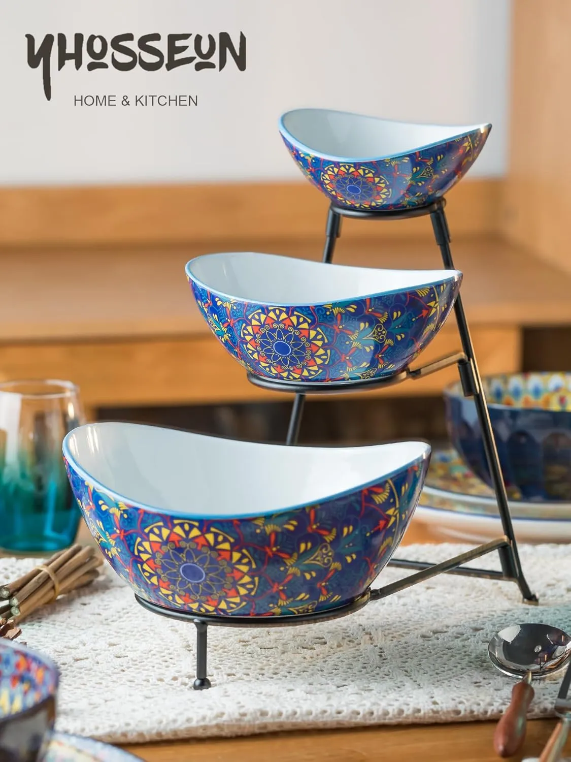 YHOSSEUN 3 Tier Serving Bowls, Tiered Serving Platter and Trays Serving Dishes for Entertaining, Oval Serving Bowl Set with Metal Stand