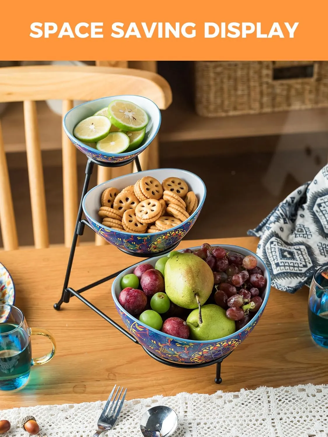 YHOSSEUN 3 Tier Serving Bowls, Tiered Serving Platter and Trays Serving Dishes for Entertaining, Oval Serving Bowl Set with Metal Stand