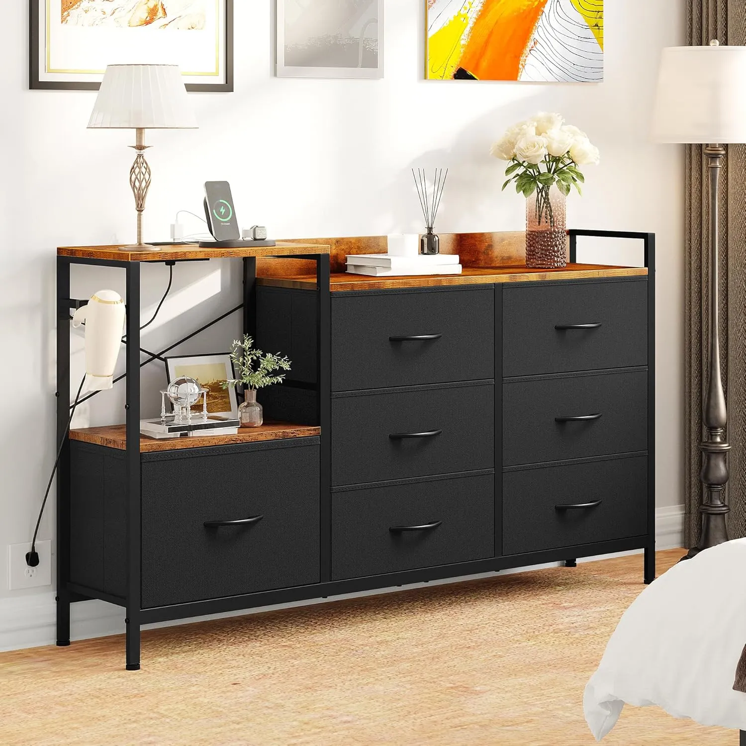 YITAHOME TV Stand with Charging Station, TV Dresser for 52'', Media Console Table, Long TV Stand for Living Room TV Stand with 7 Drawers and Shelves