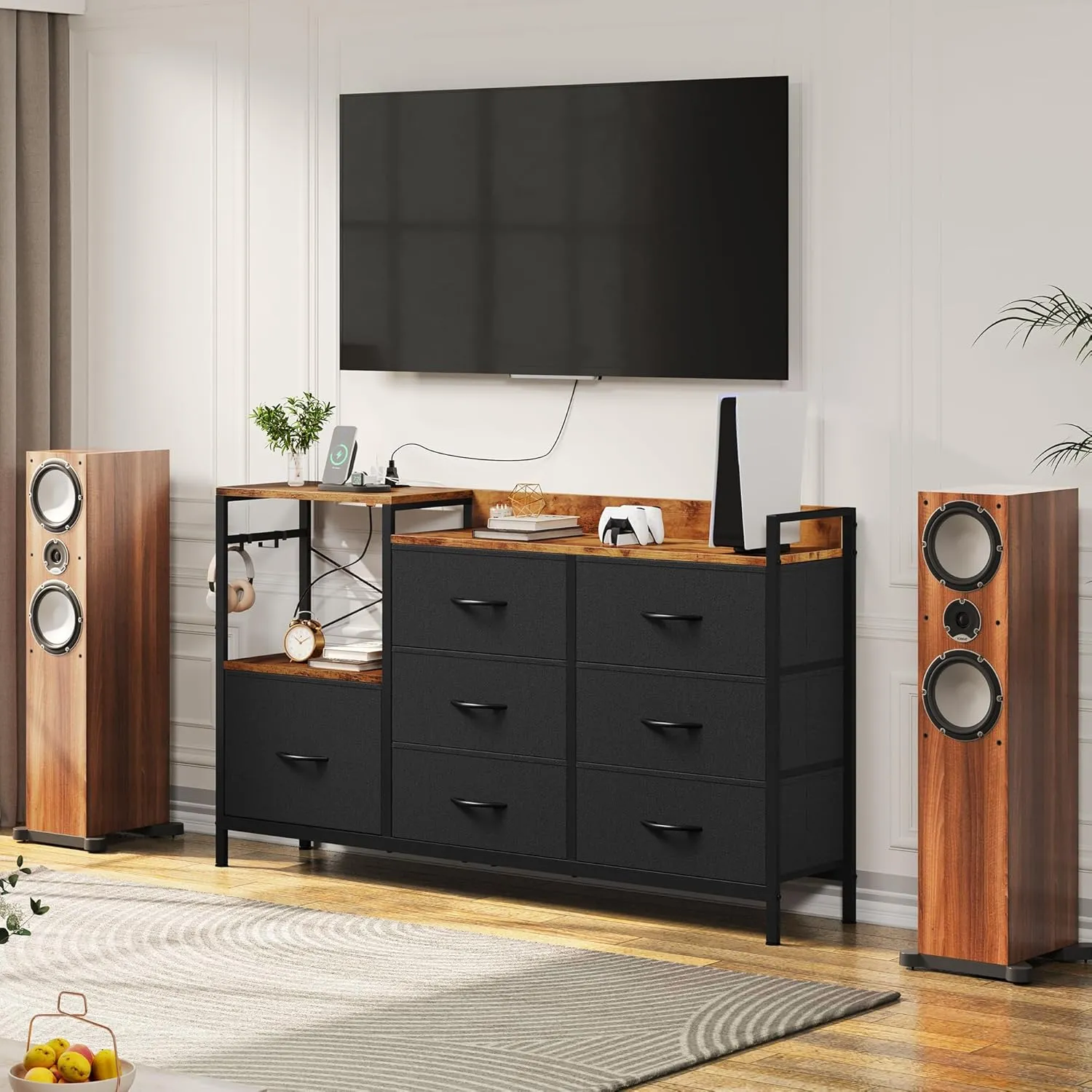 YITAHOME TV Stand with Charging Station, TV Dresser for 52'', Media Console Table, Long TV Stand for Living Room TV Stand with 7 Drawers and Shelves