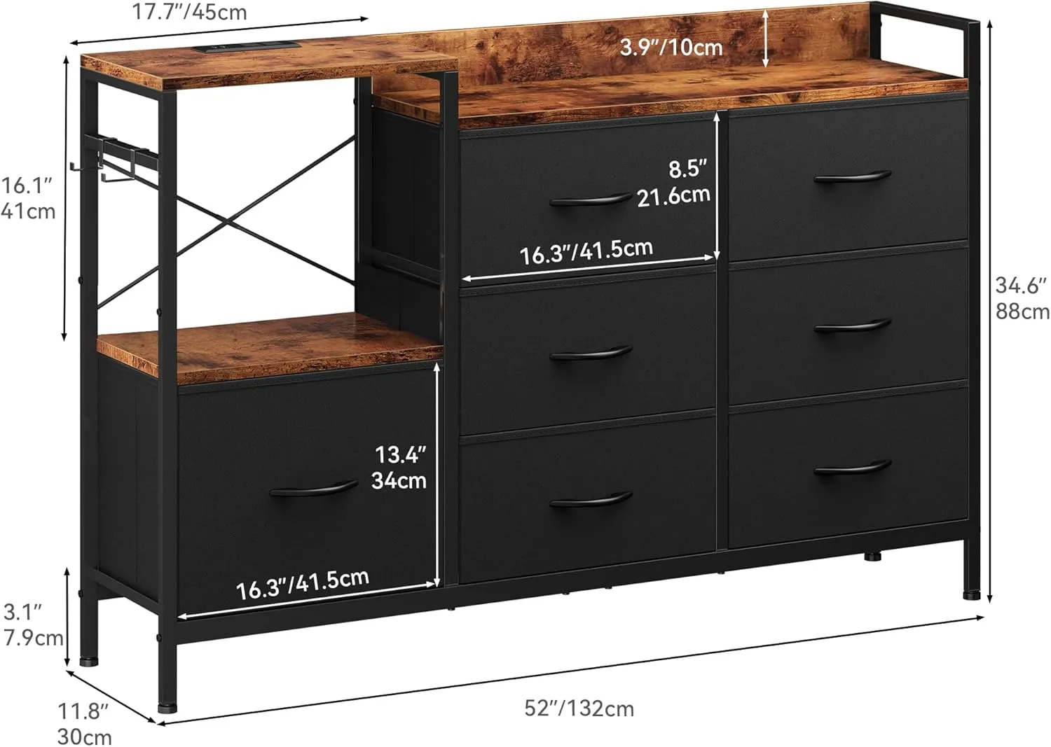 YITAHOME TV Stand with Charging Station, TV Dresser for 52'', Media Console Table, Long TV Stand for Living Room TV Stand with 7 Drawers and Shelves
