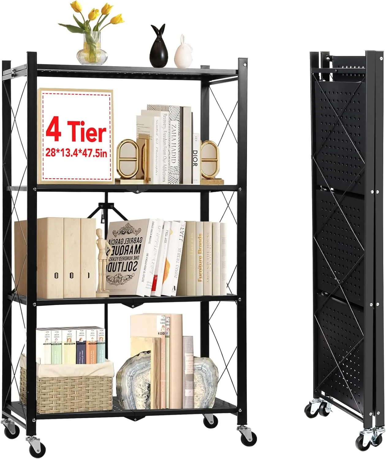 YixangDD 4-Tier Foldable Storage Shelf with Wheels，No Assembly Metal Collapsible Kitchen Folding Shelf or Books Storage Home Kitchen Office Basement Pantry - Black