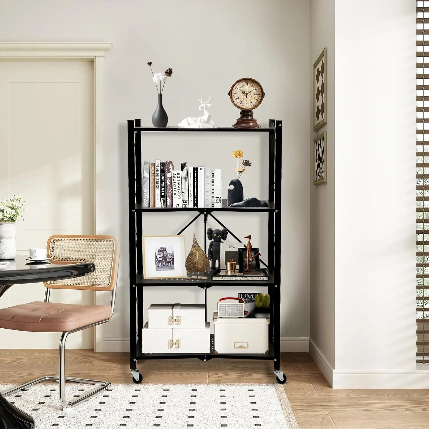 YixangDD 4-Tier Foldable Storage Shelf with Wheels，No Assembly Metal Collapsible Kitchen Folding Shelf or Books Storage Home Kitchen Office Basement Pantry - Black