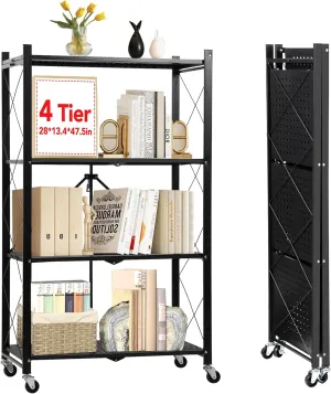 YixangDD 4-Tier Foldable Storage Shelf with Wheels，No Assembly Metal Collapsible Kitchen Folding Shelf or Books Storage Home Kitchen Office Basement Pantry - Black