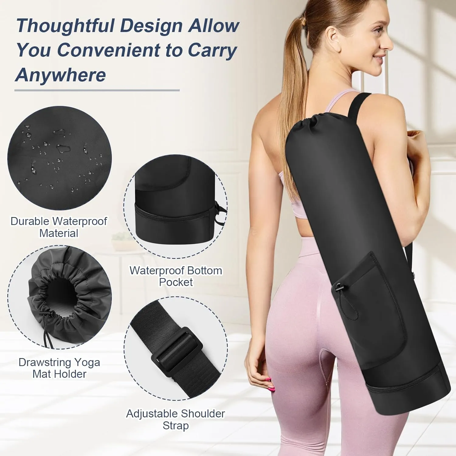 Yoga Mat Bag with Water Bottle, Full Zip Yoga Mat Carrier with Adjustable Strap and Pocket, Waterproof for Women and Men