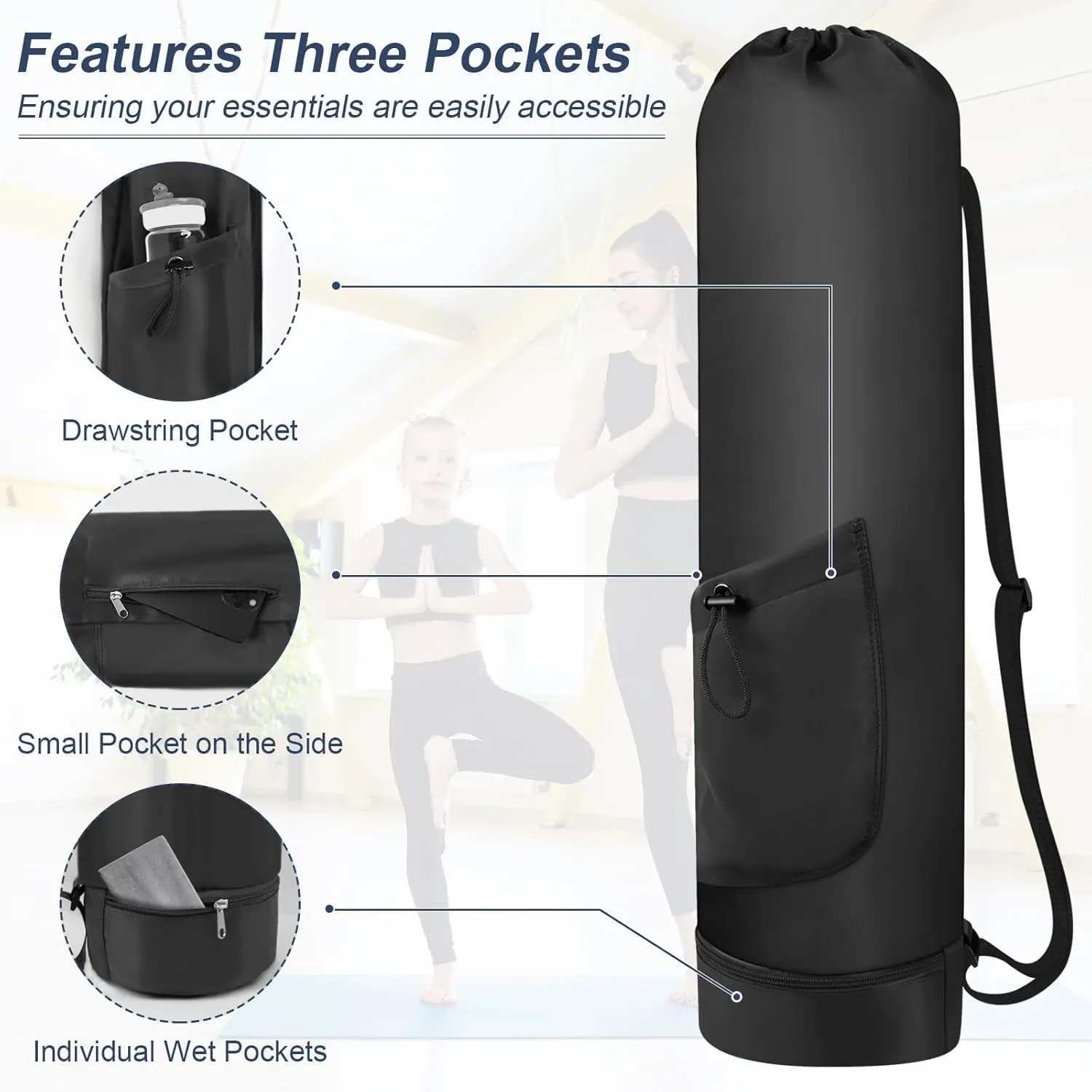 Yoga Mat Bag with Water Bottle, Full Zip Yoga Mat Carrier with Adjustable Strap and Pocket, Waterproof for Women and Men