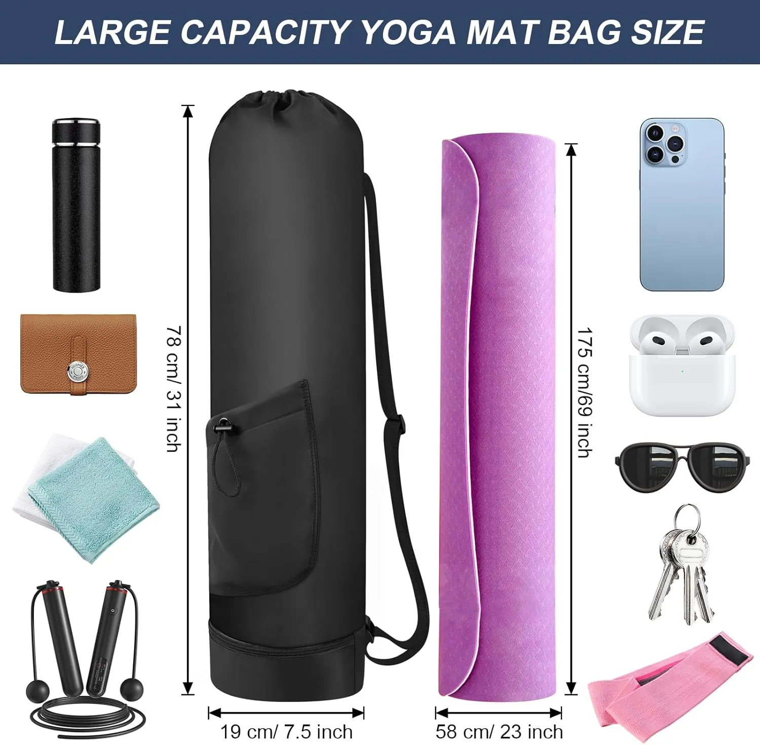 Yoga Mat Bag with Water Bottle, Full Zip Yoga Mat Carrier with Adjustable Strap and Pocket, Waterproof for Women and Men