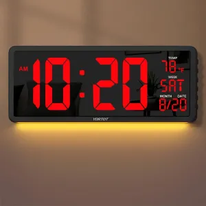 YORTOT 16” Large Digital Wall Clock with Remote Control - Adjustable Dimmer, 7 Color Night Lights, Big LED Clock with Indoor Temperature, Date, Auto DST, 12/24Hour, Wall Mount/Foldable Stand