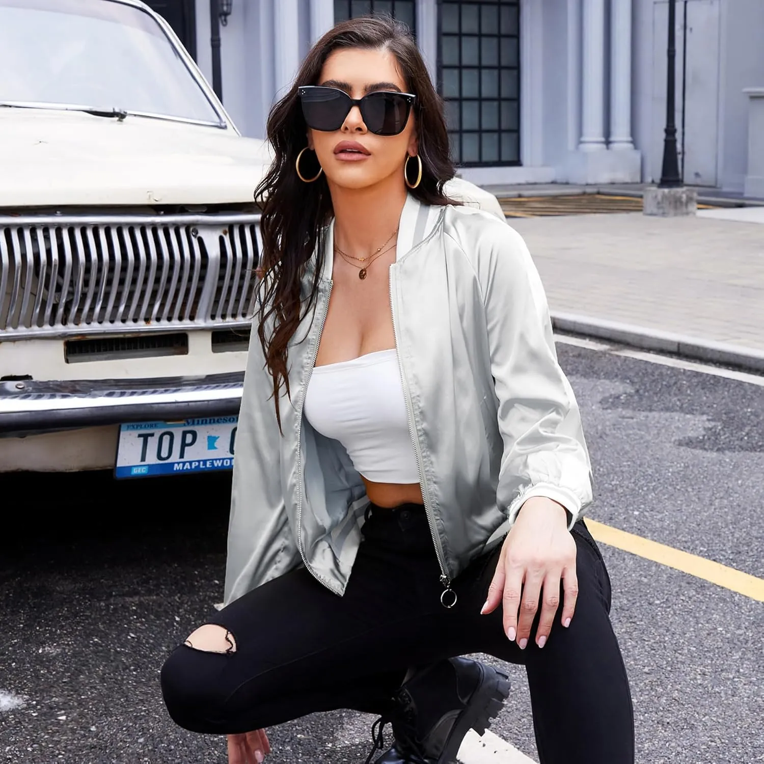 Zando Bomber Jacket Women Lightweight Cropped Jacket Zip Up Casual Striped Jacket Trendy Outerwear Windbreaker with Pockets