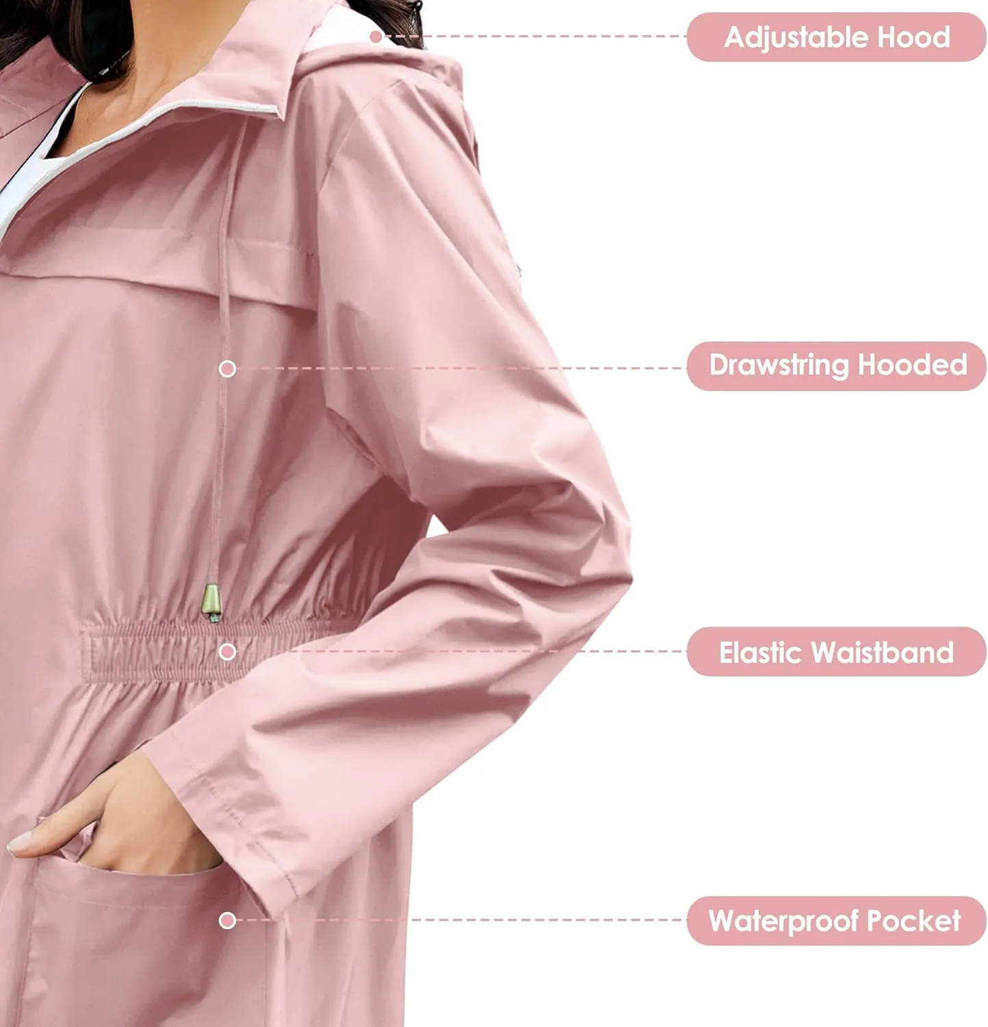 Zando Packable Rain Jacket Women Waterproof Long Rain Coat Lightweight with Hood Windbreaker Jackets Outdoor Trench Coat