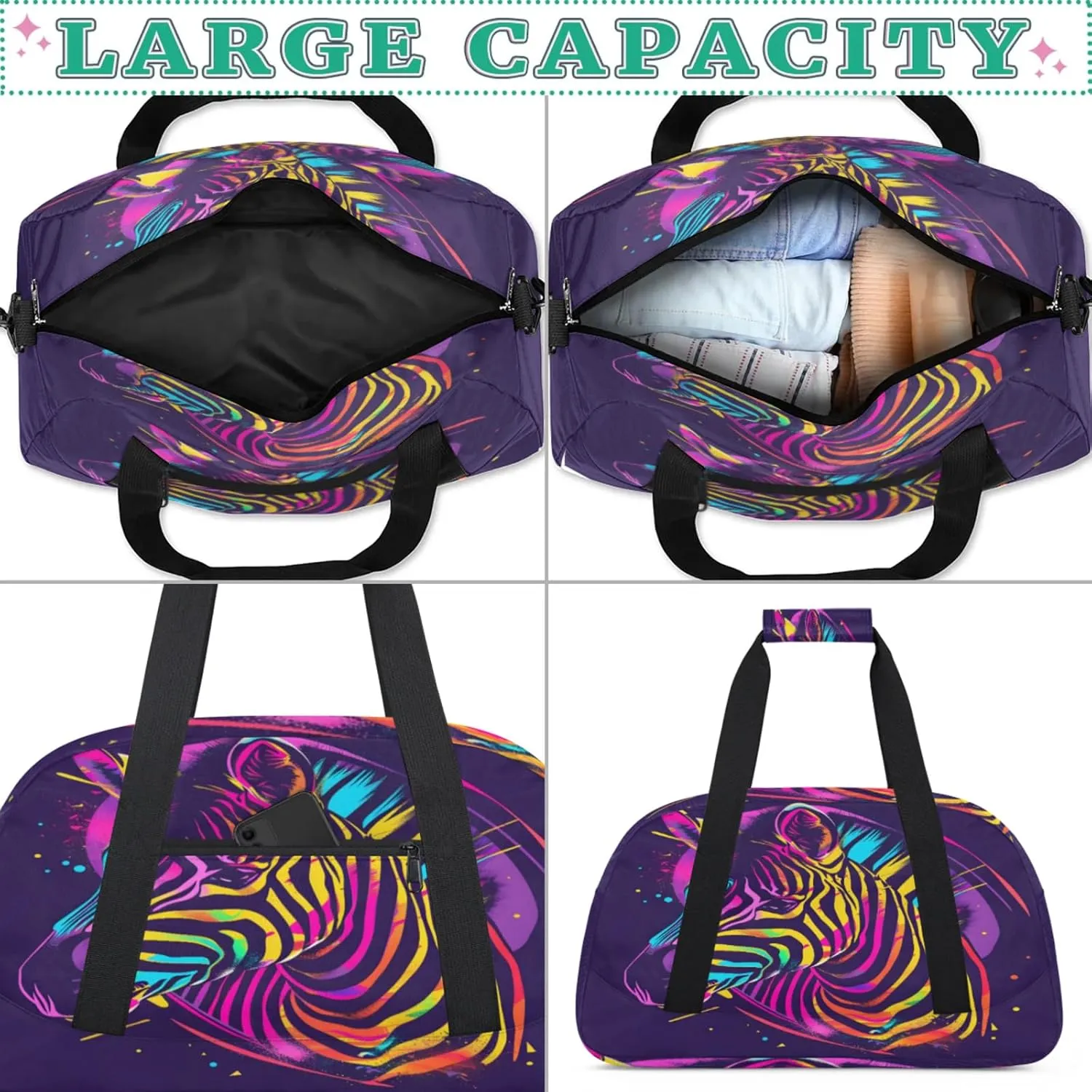 Zebra Gym Bag for Women Men, Sports Travel Duffel Bag Lightweight Workout Bag Carry On Overnight Weekender Bag