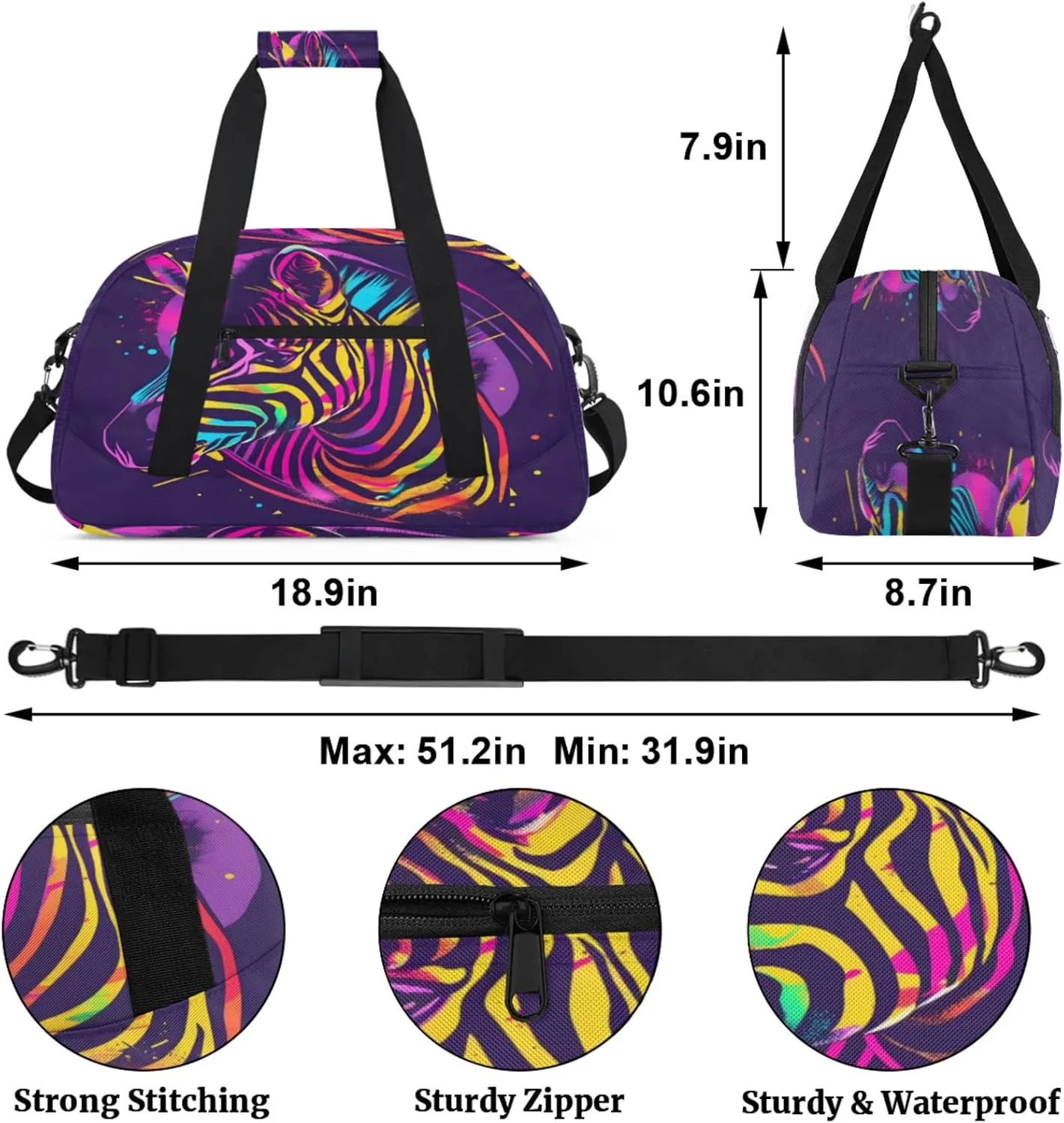 Zebra Gym Bag for Women Men, Sports Travel Duffel Bag Lightweight Workout Bag Carry On Overnight Weekender Bag