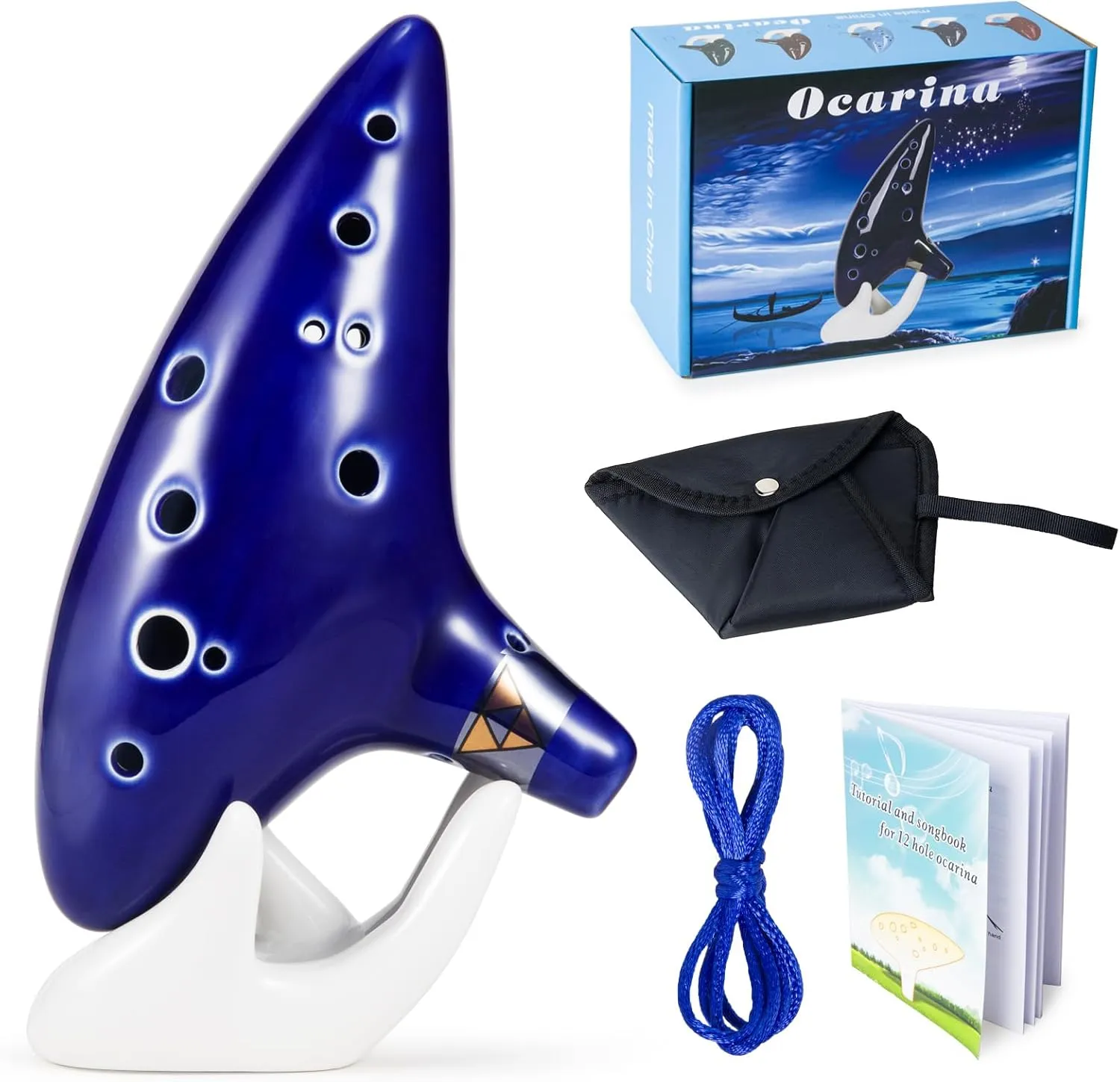 Zelda Ocarina 12 Holes Alto C Tone with Song Book (Songs From the Legend of Zelda), Sound Healing Instruments for Beginners with Display Stand Protective Bag (Navy Blue)