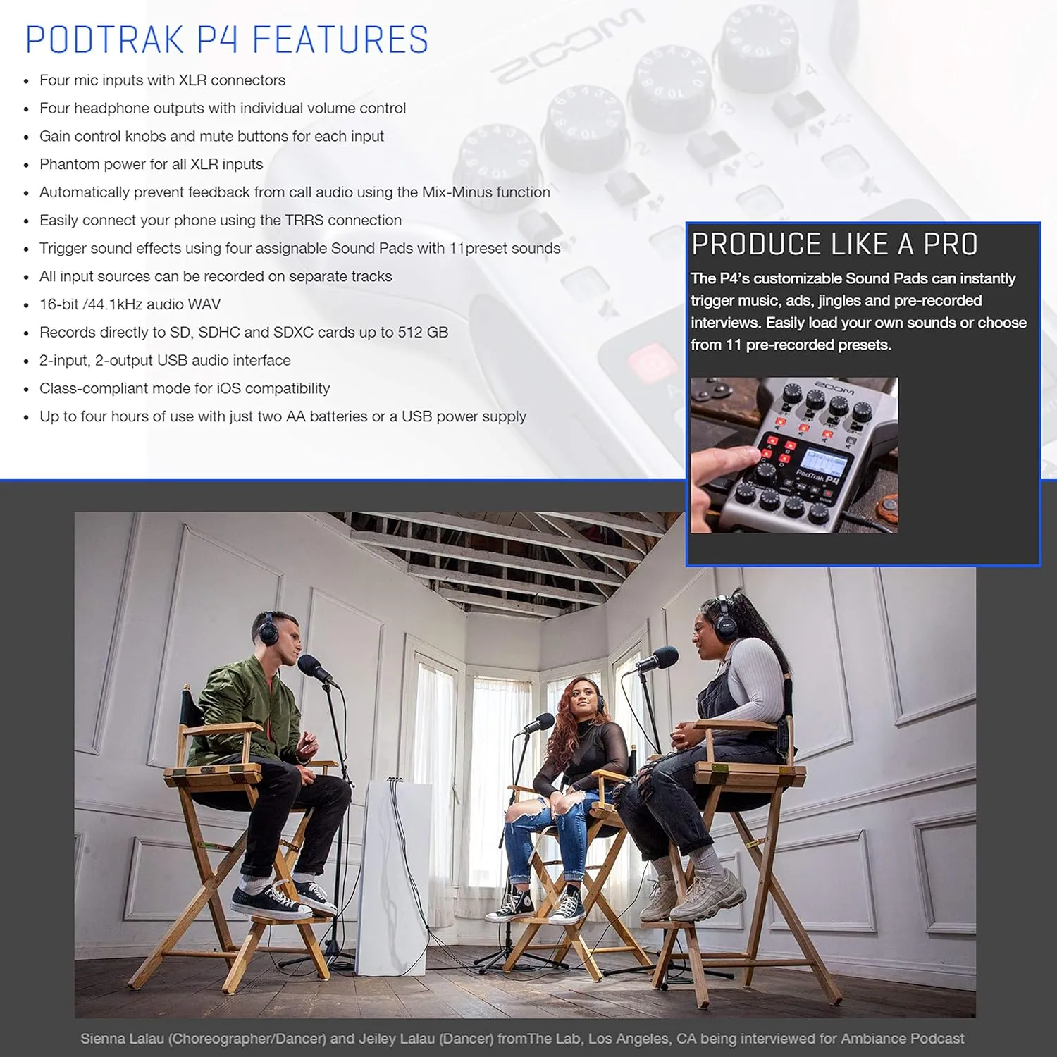 Zoom PodTrak P4 Portable Multitrack Podcast Recorder   4X Zoom M-1 Mic   4X Headphones   Windscreens   XLR Cables   4X Tabletop Stand   Cloth – 4 Person Podcasting Mic Pack Bundle