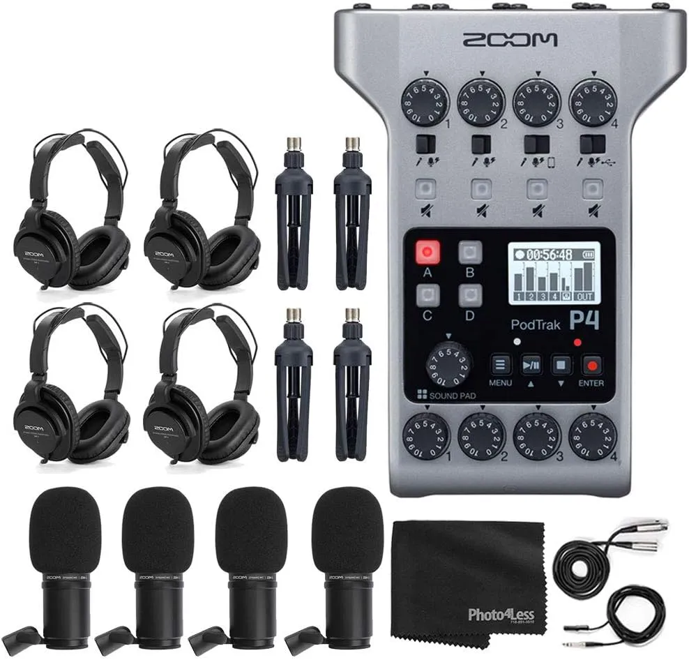 Zoom PodTrak P4 Portable Multitrack Podcast Recorder   4X Zoom M-1 Mic   4X Headphones   Windscreens   XLR Cables   4X Tabletop Stand   Cloth – 4 Person Podcasting Mic Pack Bundle