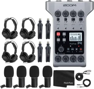 Zoom PodTrak P4 Portable Multitrack Podcast Recorder   4X Zoom M-1 Mic   4X Headphones   Windscreens   XLR Cables   4X Tabletop Stand   Cloth – 4 Person Podcasting Mic Pack Bundle