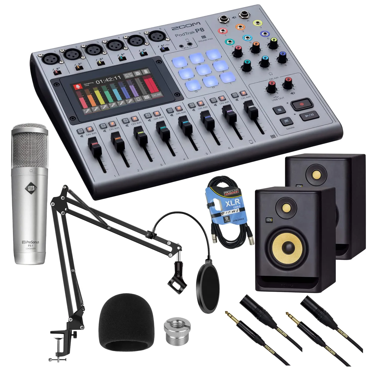 Zoom PodTrak P8 Portable Podcast Recorder, (2) KRK RP5G4 Monitors, Presonus PX-1 Mic, InnoGear Heavy Duty Mic Stand Pkg, (2) XLR to 1/4 Cables, XLR Cable Bundle