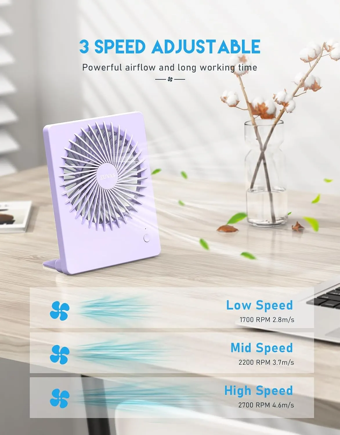 Zuvas Desk Fan Battery Operated Rechargeable 180°Tilt Folding Personal Ultra Quiet Small Portable Fan Light Purple
